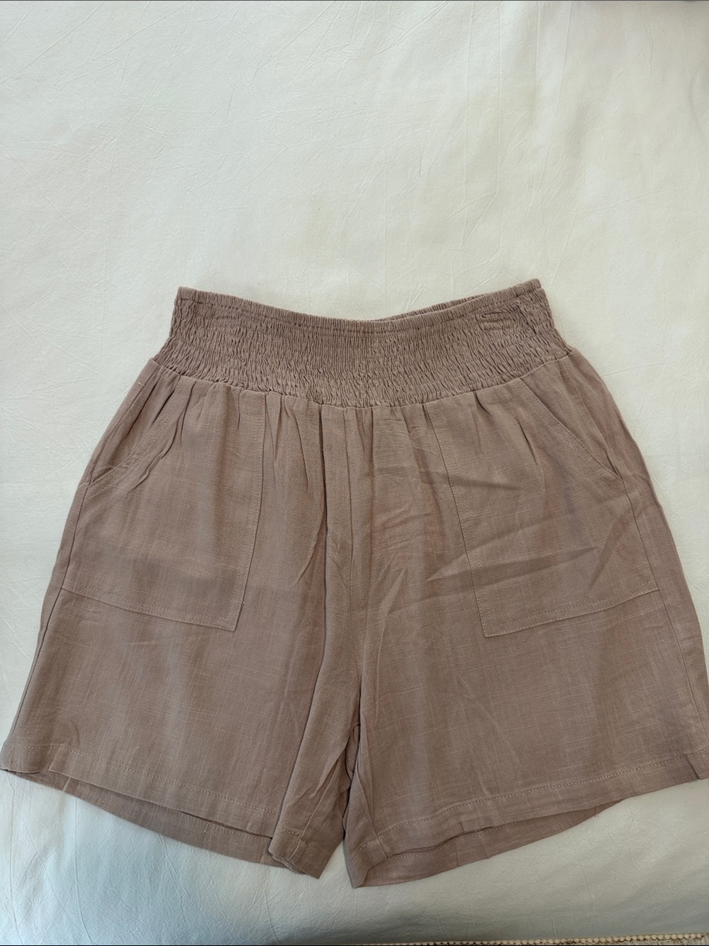Women’s Elastic Waist Relaxed Shorts — Khaki Rayon/ Linen blend.
